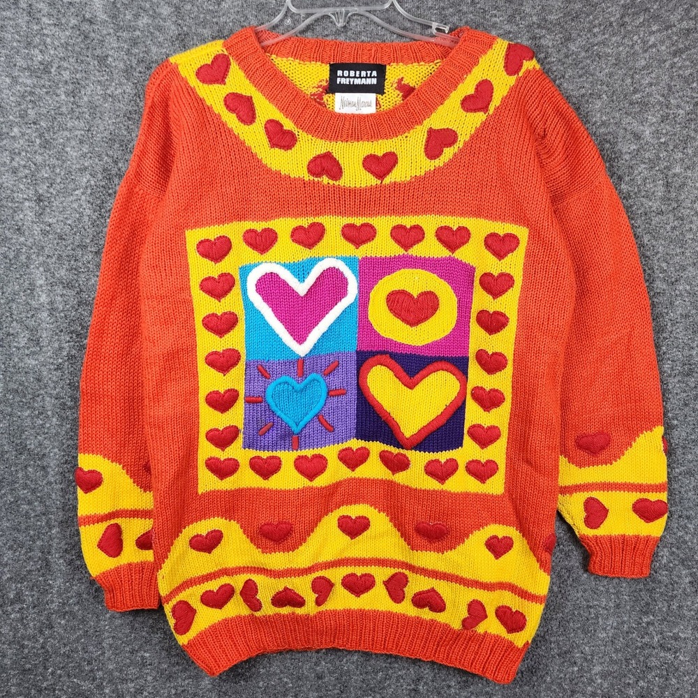 Roberta Freymann Heart Knit Sweater Womens Medium Red Yellow‎ Pop Art Applique